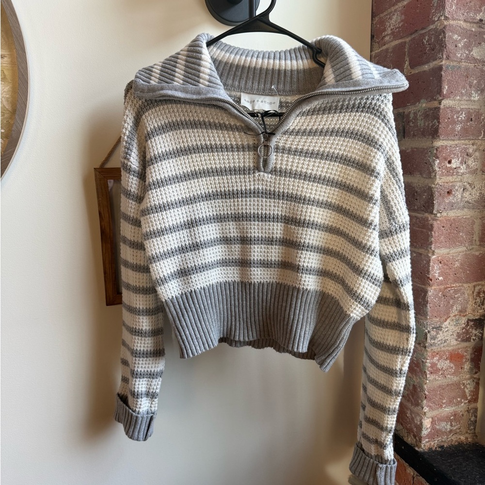 Cozy Striped Gray and Cream Turtleneck Sweater